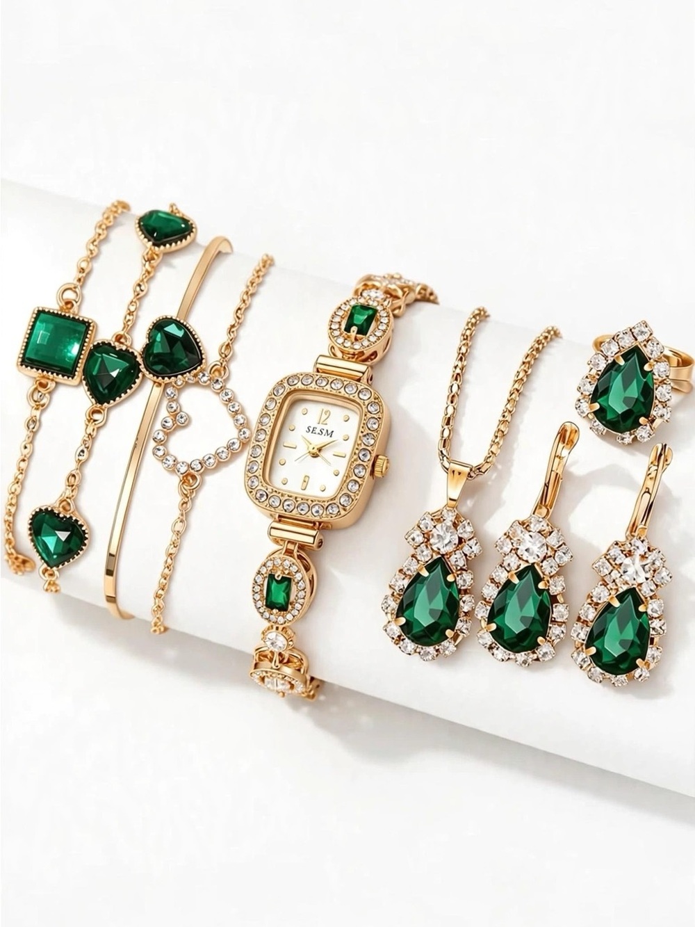 Gold-Tone Watch and Jewelry Set with Emerald Green Crystals - Picture 5 of 6